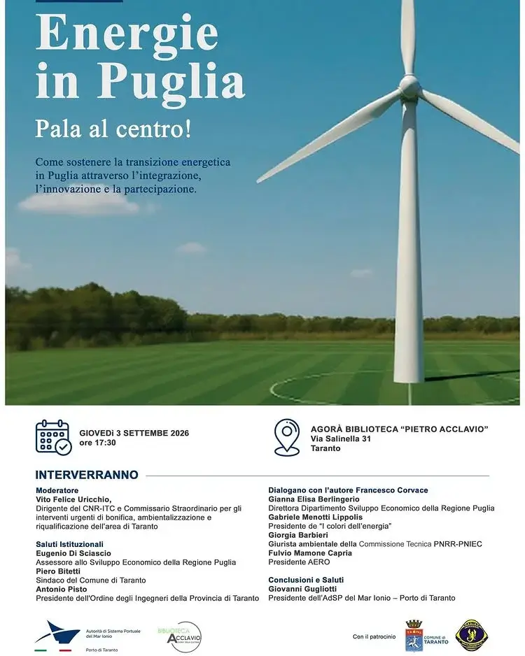 Locandina Energie in Puglia - incontro con Francesco Corvace alla Biblioteca Acclavio